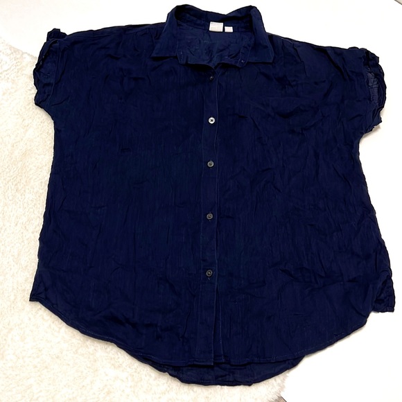 Old Navy Tie Knot Navy Linen Blend Button Down with Pleated Back Top - Picture 6 of 12